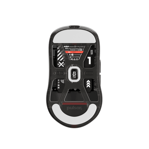 Clear Black Edition Pulsar X2H Mini Gaming Mouse with a translucent black design, narrow waist, higher hump, symmetrical shape, optical switch, and PAW3395 sensor.