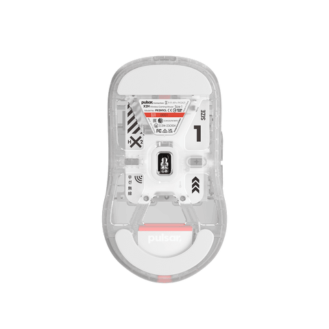 Super clear Edition Pulsar X2H Mini Gaming Mouse with a translucent black design, narrow waist, higher hump, symmetrical shape, optical switch, and PAW3395 sensor.
