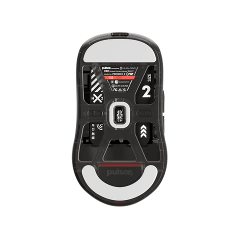 Clear Black Edition Pulsar X2H Medium Gaming Mouse with a translucent black design, narrow waist, higher hump, symmetrical shape, optical switch, and PAW3395 sensor.