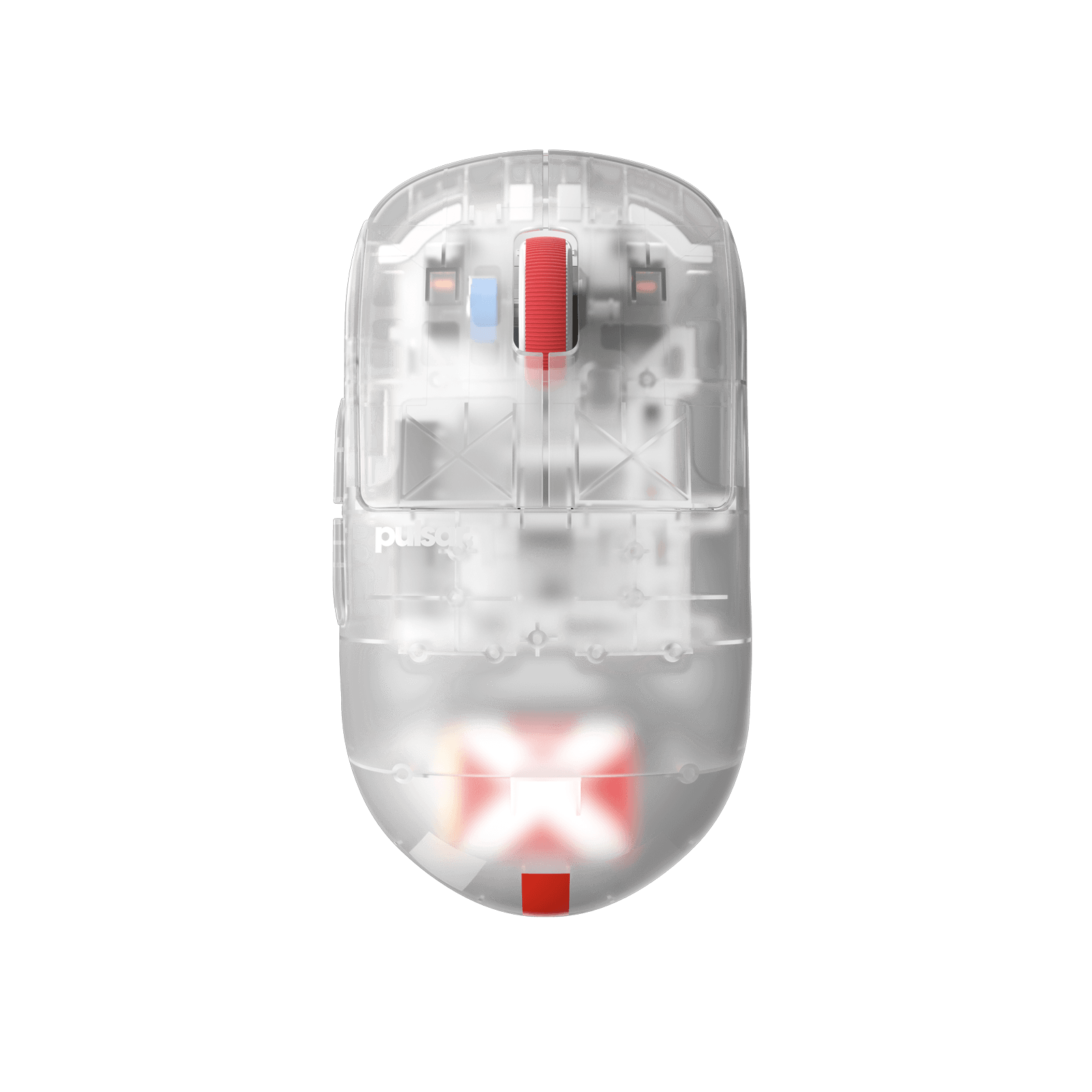 Super clear Edition Pulsar X2H Medium Gaming Mouse with a translucent black design, narrow waist, higher hump, symmetrical shape, optical switch, and PAW3395 sensor.