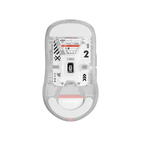 Super clear Edition Pulsar X2H Medium Gaming Mouse with a translucent black design, narrow waist, higher hump, symmetrical shape, optical switch, and PAW3395 sensor.