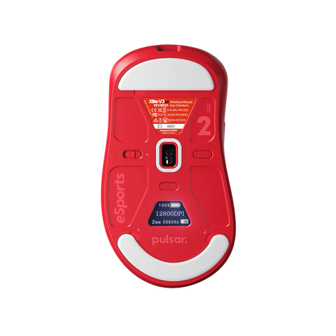Red Edition Xlite v3 eS Gaming Mouse by Pulsar Gaming Gears, featuring the PAW3395 sensor, ergonomic design, OLED display, and driver-free setup, ideal for esports tournaments
