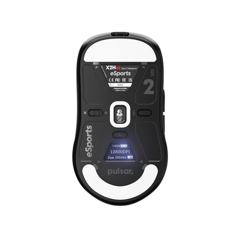 Black Pulsar X2H Medium Gaming Mouse with a narrow waist, higher hump, symmetrical shape, optical switch, PAW3395 sensor, OLED display, and driver-free setup, ideal for esports tournaments.
