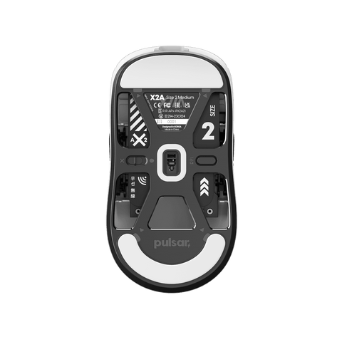 White Pulsar X2A Gaming Mouse with an ambidextrous X2 shape, configurable buttons for both left and right-hand use, featuring a lightweight design and PAW3395 optical sensor