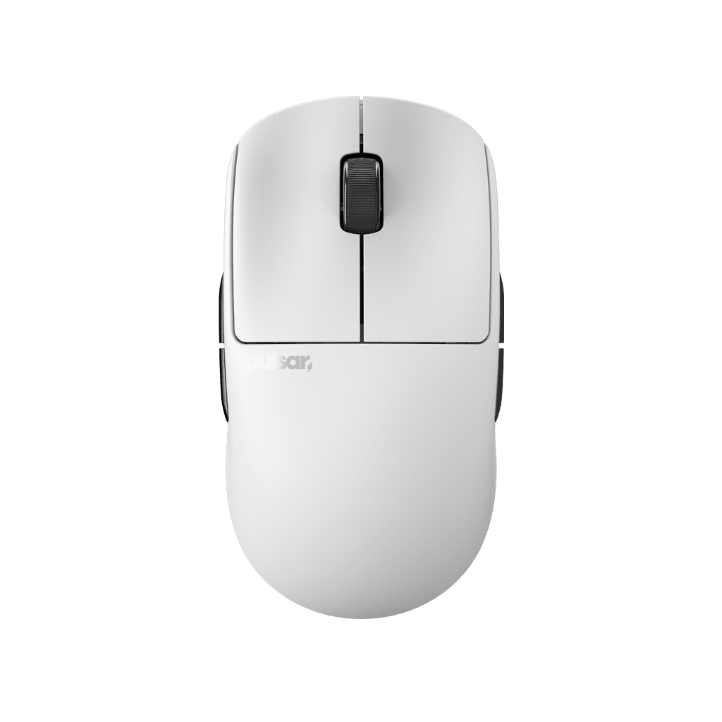 White Pulsar X2A Gaming Mouse with an ambidextrous X2 shape, configurable buttons for both left and right-hand use, featuring a lightweight design and PAW3395 optical sensor