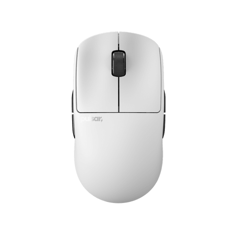 White Pulsar X2A Gaming Mouse with an ambidextrous X2 shape, configurable buttons for both left and right-hand use, featuring a lightweight design and PAW3395 optical sensor
