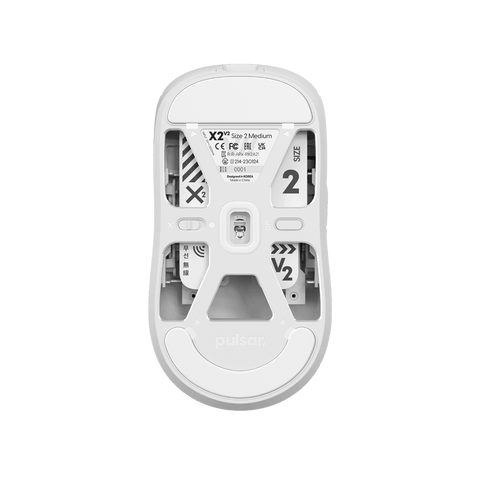White Pulsar X2 v2 Gaming Mouse, lightweight and ergonomically designed with a symmetrical shape, optical switch, PAW3395 sensor, ideal for fingertip and claw grip styles