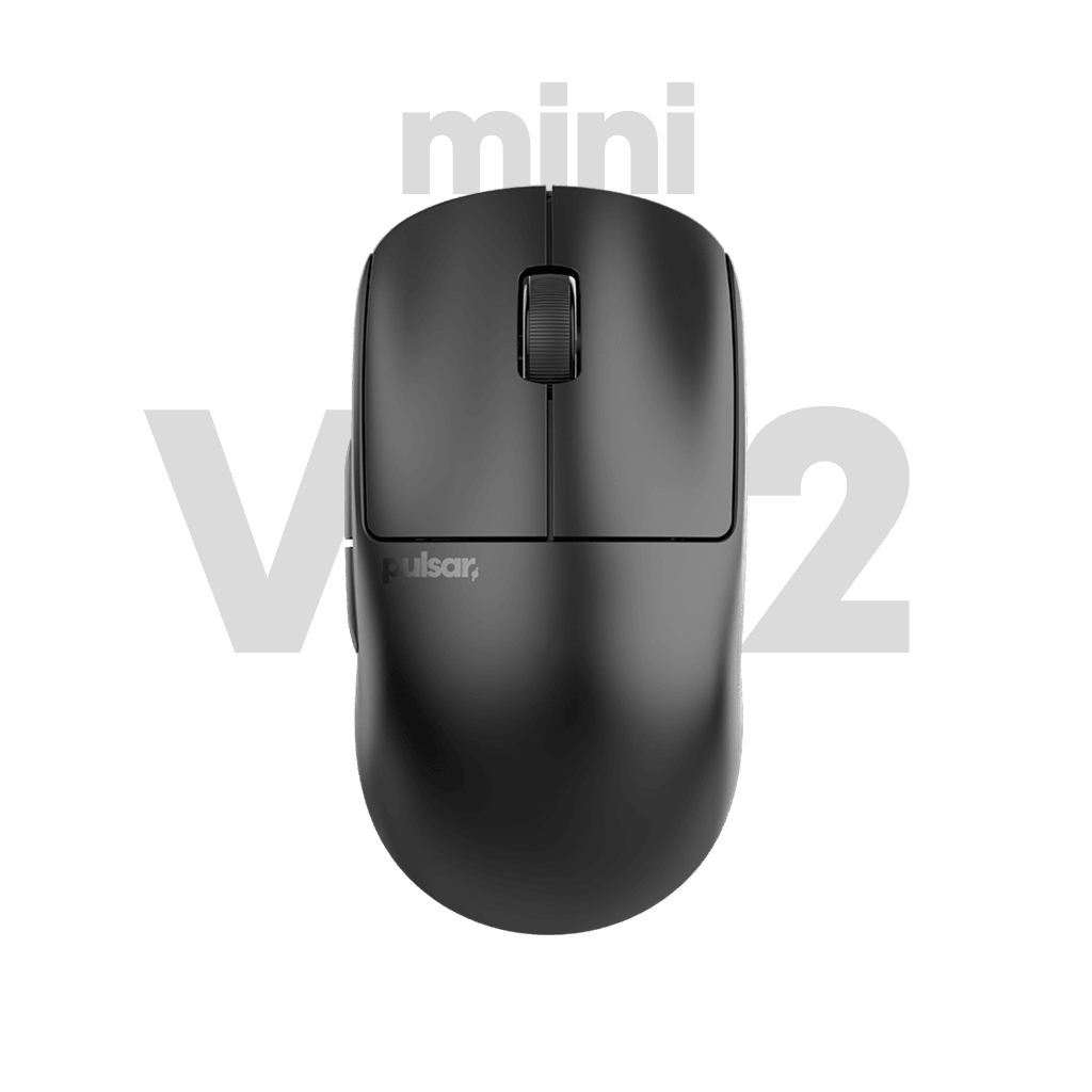 Black Pulsar X2 v2 mini Gaming Mouse, lightweight and ergonomically designed with a symmetrical shape, optical switch, PAW3395 sensor, ideal for fingertip and claw grip styles