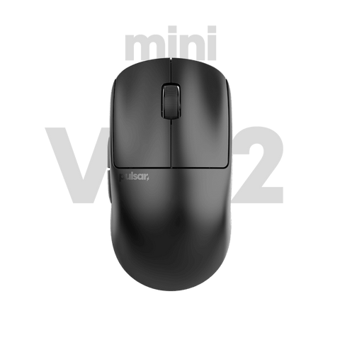 Black Pulsar X2 v2 mini Gaming Mouse, lightweight and ergonomically designed with a symmetrical shape, optical switch, PAW3395 sensor, ideal for fingertip and claw grip styles