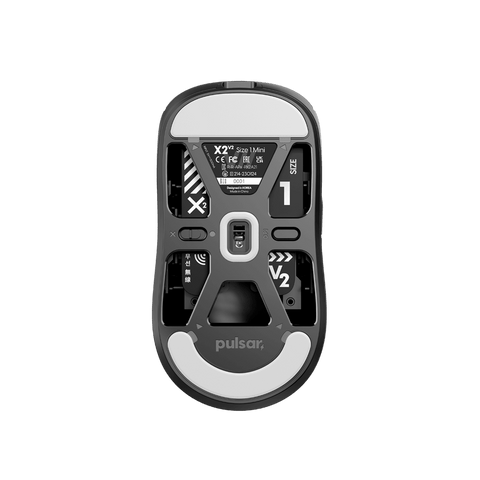 Black Pulsar X2 v2 mini Gaming Mouse, lightweight and ergonomically designed with a symmetrical shape, optical switch, PAW3395 sensor, ideal for fingertip and claw grip styles