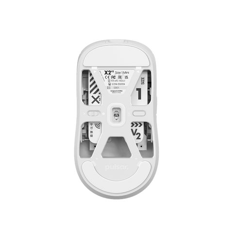 White Pulsar X2 v2 mini Gaming Mouse, lightweight and ergonomically designed with a symmetrical shape, optical switch, PAW3395 sensor, ideal for fingertip and claw grip styles
