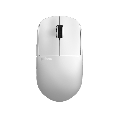 White Pulsar X2H Medium Gaming Mouse with a translucent black design, narrow waist, higher hump, symmetrical shape, optical switch, and PAW3395 sensor.