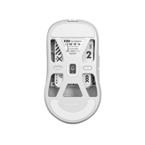 White Pulsar X2H Medium Gaming Mouse with a translucent black design, narrow waist, higher hump, symmetrical shape, optical switch, and PAW3395 sensor.