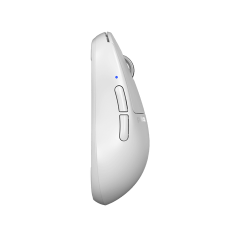 White Pulsar X2H Medium Gaming Mouse with a translucent black design, narrow waist, higher hump, symmetrical shape, optical switch, and PAW3395 sensor.