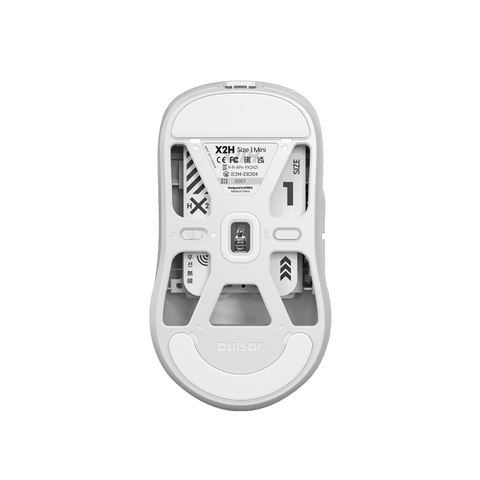 White Pulsar X2H mini Gaming Mouse with a translucent black design, narrow waist, higher hump, symmetrical shape, optical switch, and PAW3395 sensor.